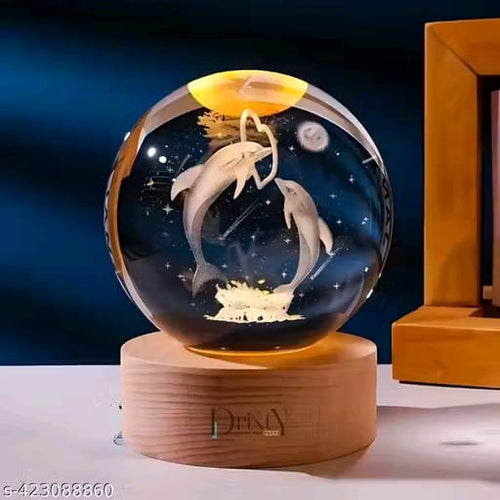 3D Crystal Ball with LED Wooden Base -Crystal Dolphin Figurine