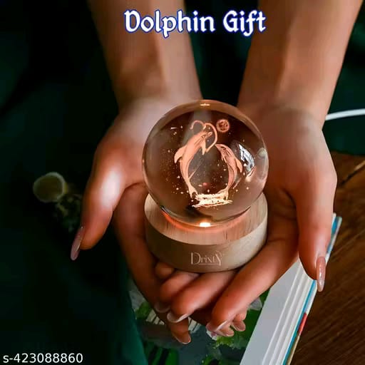 3D Crystal Ball with LED Wooden Base -Crystal Dolphin Figurine